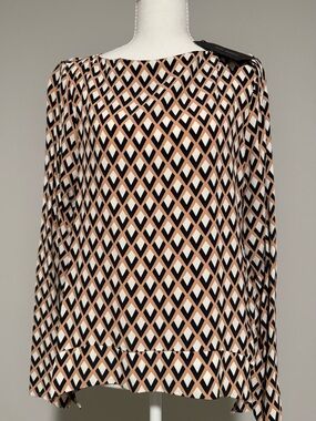 NWT ZARA Long Sleeve Geometric Pattern Blouse - Black, White, Tan - Size Medium
